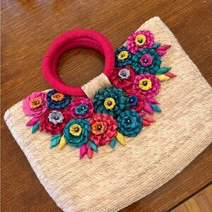 Floral Embellished Straw Tote Bag in Cream with Pink Handle